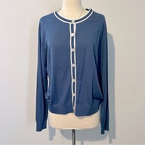 Ann Taylor Factory Lightweight Blue Cardigan with White Trim NEW